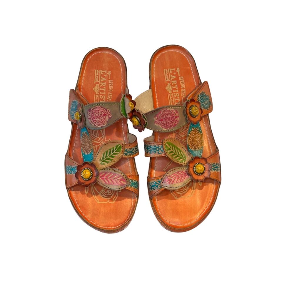 L’Artiste Pillow Soft Artsy Colorful Leather Low Wedge Summer Sandal size 8.5